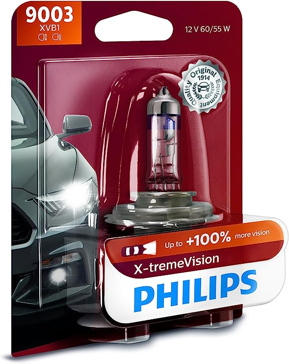 Philips 9003 X-tremeVision Upgrade Headlight Bulb with up to 100% More Vision, 1 Pack