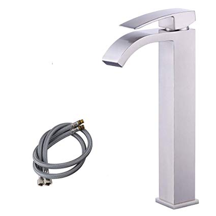 KES cUPC NSF Certified Brass Lead-Free Brass Bathroom Sink Faucet Single Handle Waterfall Spout for Vessel Bowl Sink Faucet Countertop Tall Brushed Nickel, L3109BLF-2