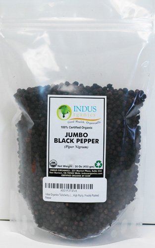 Indus Organics Tellicherry Jumbo Black Peppercorns, 16 Oz Bag, Premium Grade, High Purity, Freshly Packed