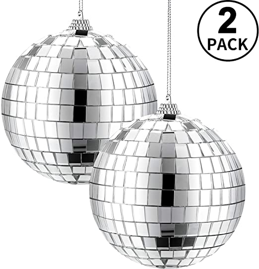 2 Packs 4 Inch Mirror Disco Ball, 70's Disco Party Decoration, Hanging Ball for Party or DJ Light Effect, Home Decorations, Stage Props, Game Accessories (Silver)