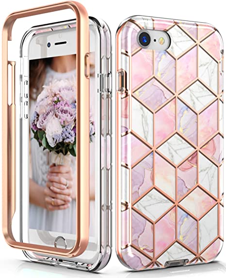 Hasaky iPhone SE 2020 Case,iPhone 8 case,iPhone 7 case,iPhone 6/6s case Dual Layer Clear Rose Gold Marble Design TPU PC Heavy Duty Shockproof Protective Phone Case for iPhone SE2/8/7- Pink/Rose Gold.