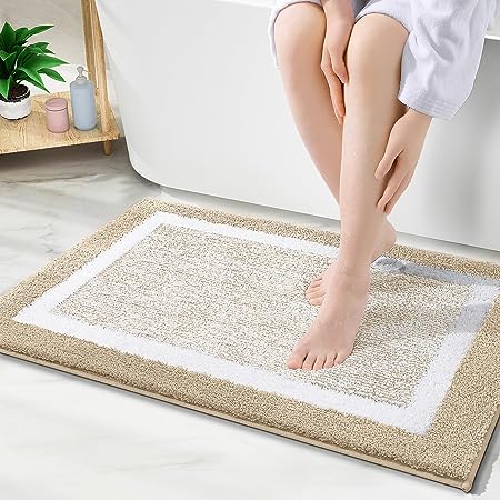 OLANLY Bathroom Rugs 24x16, Extra Soft and Absorbent Microfiber Bath Mat, Non-Slip, Machine Washable, Quick Dry Shaggy Bath Carpet, Suitable for Bathroom Floor, Tub, Shower (Beige and White)