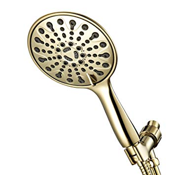 Couradric Handheld Shower Head, 6" Polished Brass Face 6 Spray Setting Shower Head with High Pressure, Brass Swivel Ball Mount and Extra Long Flexible Stainless Steel Hose