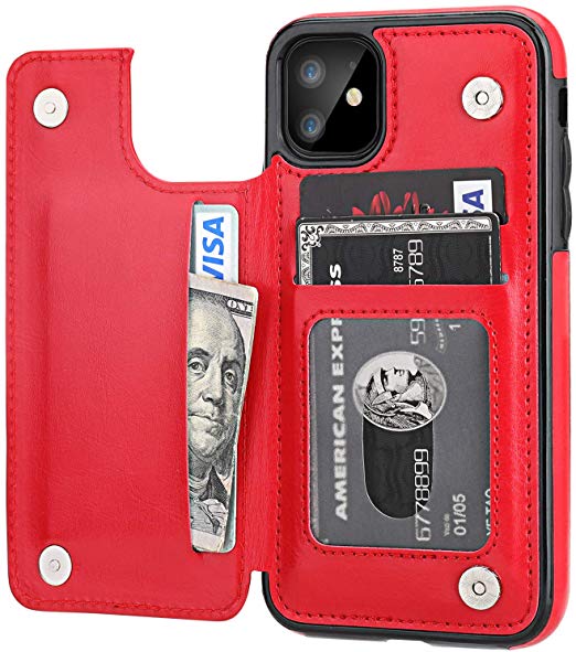 iPhone 11 Wallet Case with Card Holder,OT ONETOP PU Leather Kickstand Card Slots Case,Double Magnetic Clasp and Durable Shockproof Cover for iPhone 11 6.1 Inch(Red)