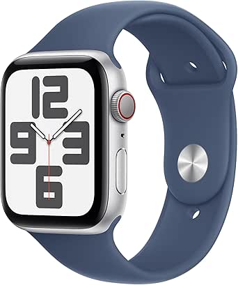 Apple Watch SE (2nd Gen) [GPS   Cellular 44mm] Smartwatch with Silver Aluminium Case with Denim Sport Band M/L. Fitness and Sleep Trackers, Crash Detection, Heart Rate Monitor, Retina Display