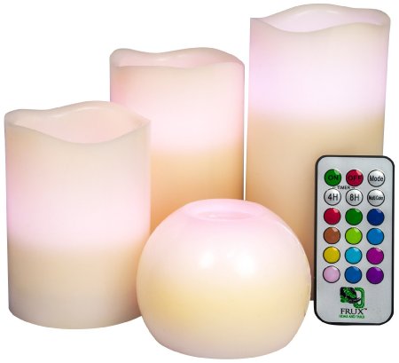 4 Candle Set with Remote Control Includes 3 Flameless LED Wax Pillar Candles with Realistic Flickering Flame and BONUS Barrel Candle by Frux Home and Yard