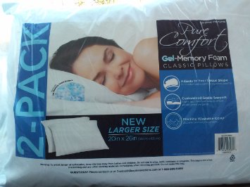 2 Pure Comfort Gel Memory Foam Classic Pillows Large Size 20'' x 26'' - Machine Washable Cover