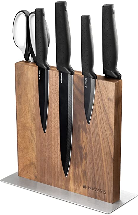 Navaris Wood Magnetic Knife Block - Double Sided Wooden Magnet Holder Board Stand for Kitchen Knives, Scissors, Metal Utensils - Walnut, 8.9 x 8.7 in