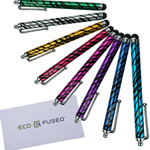 Eco-Fused 8 Stylus Pen Bundle / Zebra Print Stylus Pens / Compatible with All Capacitive Touchscreen Devices including iPhone, Android Phones, Tablets, iPad, iPod / Microfiber Cleaning Cloth Included