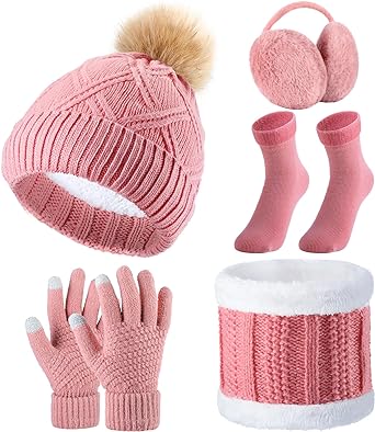 SATINIOR 5 Pcs Winter Hat Scarf Gloves Set Knit Beanie Pompom Hat Warm Touch Screen Gloves Earmuff Warmer Stocking for Women