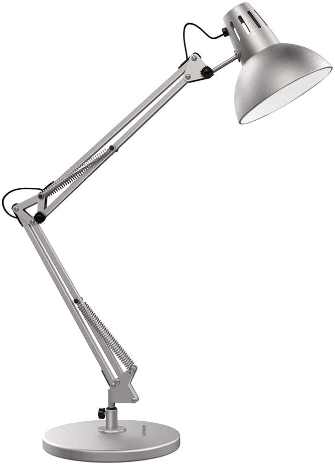 LEPOWER Metal Desk Lamp, Adjustable Goose Neck Architect Table Lamp, Swing Arm Desk Lamp with Clamp, Eye-Caring Reading Lamp for Bedroom, Study Room & Office (Silver)