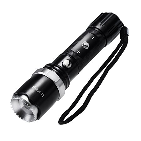 Chargable Tactical Flashlight Ultra Bright Handheld LED Torch with Focusing Portable CREE XML-T6 1000 Lumens Direct Charging and 5 Light Modes, 1 x 18650/3 x AAA(Not included) by U`King