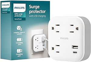 Philips 3-Outlet Surge Outlet Extender with USB, 1 USB-A, 1 USB-C, 12W, 980J, White - SPP9393W/37