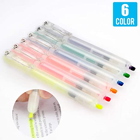 [6 Color] Assorted Retractable Design Highlighters, One Hand Operation