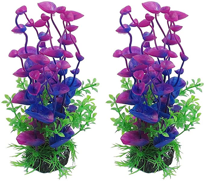 CNZ Purple/Green Aquarium Plastic Artificial Plants 8-inch Tall, 2-Pack