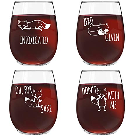 Funny Stemless Wine Glass Set | The Fox Series Pack of 4 Glasses Set | Infoxicated, Zero Fox Given, Oh for Fox Sake, Don't Fox with Me | Novelty Glasses with Cute Sayings for Women, Her | Made in USA