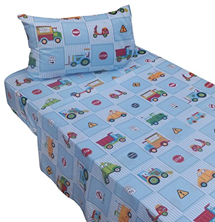 J-pinno Cute Cartoon Cars Truck Tractor Transportation Twin Sheet Set for Kids Boy Children,100% Cotton, Flat Sheet + Fitted Sheet + Pillowcase Bedding Set