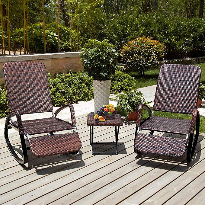 PAMAPIC Outdoor Patio Furniture 3-Piece Wicker Rocking Chair Rattan Adjustable Chaise Lounge Chair Porch Garden Yard (Brown)
