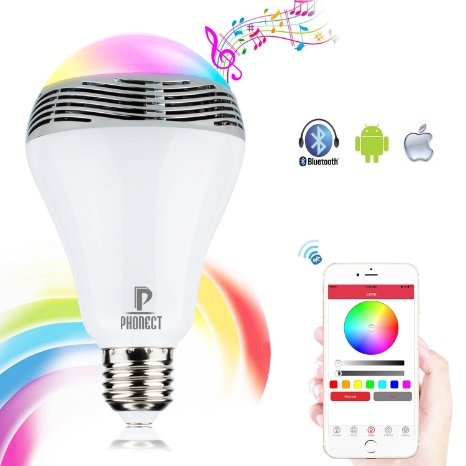PHONECT E27 Wireless Bluetooth Speaker Smart LED 6W Night Light Bulb Audio Music RGB Lamp, Smartphone Controlled Color Changing Lights, Works with iPhone, iPad, Android Phone and Tablet