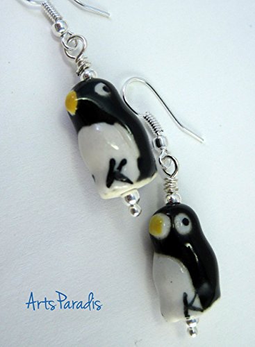 Small Ceramic Penguin Dangle Earrings by ArtsParadis