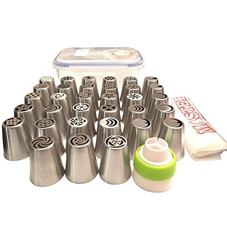 40 Piece Russian Icing Tips Set PLUS Storage Case! | 33 Stainless Russian Piping Tips – 1 Three Bag Coupler – 5 Icing Bags – Storage Case | Most Complete Set