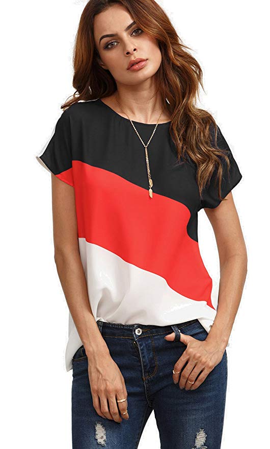 Romwe Women's Color Block Blouse Short Sleeve Casual Tee Shirts Tunic Tops