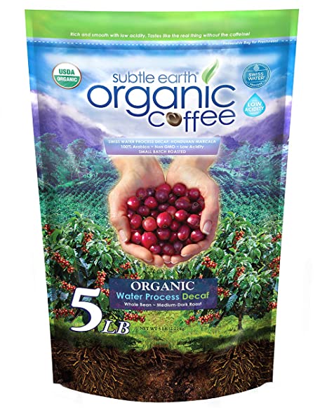 5LB Subtle Earth Organic Swiss Water Process Honduran Marcala Gourmet Coffee Decaffeinated - Medium-Dark Roast - Whole Bean Coffee - 5 Pound ( 5 lb ) Bag
