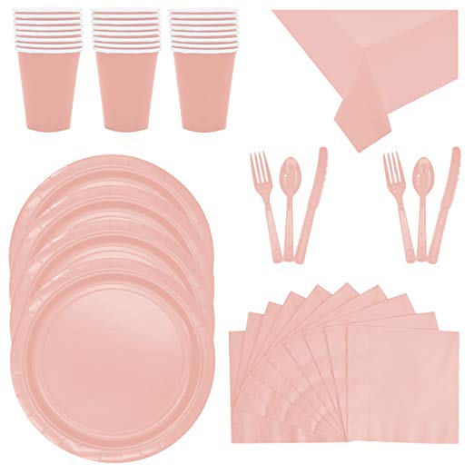 Disposable Pink Dinnerware Party Supplies - Serves 32 - Includes Pink Plastic Forks, Spoons, Knives, Napkins, Paper Cups Plates and Two Table Clothes