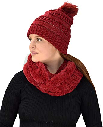 Peach Couture Thick Crochet Weave Beanie Hat Plush Infinity Loop Scarf 2 Pack