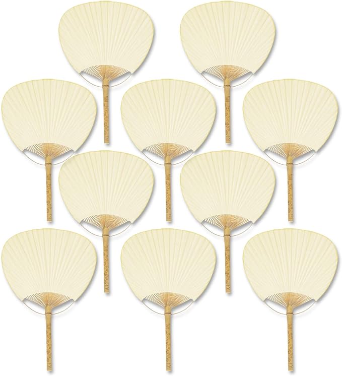PaperLanternStore.com 9 Inch Beige/Ivory Chinese Paddle Hand Fan for Weddings (10 Packs)