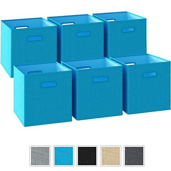 Neaterize Storage Cubes - Set of 6 Storage Bins | Features Dual Plastic Handles | Cube Storage Bins | Foldable Closet Organizers and Storage | Fabric Storage Box for Home, Office (Aqua Blue)