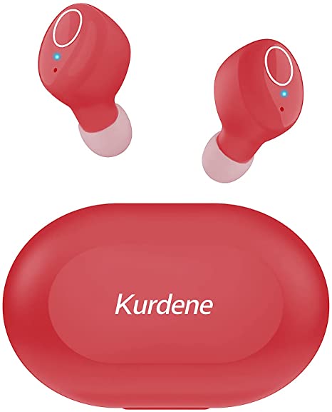 Bluetooth Earbuds,Kurdene Wireless Earbuds with Charging Case IPX8 Waterproof Bluetooth Headphones Bass Sound Earphones with Mics Touch Control in-Ear Headset for Sports,Home-Red