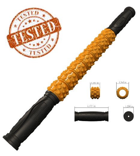 The Muscle Stick Elite - Massage Roller - Better Than Foam Roller - Deep Tissue Natural Muscle Recovery - Trigger Point Relief of Soreness - No Flex Perfect Pressure - Guaranteed - Orange Knobby Hard