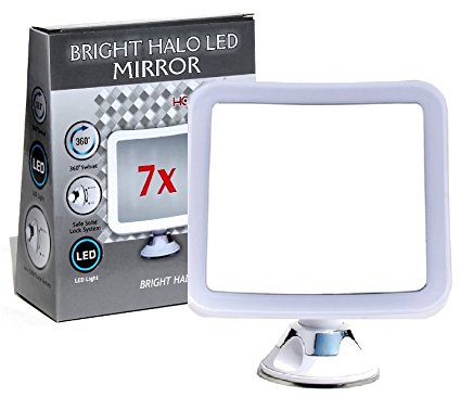 Hampstead Lighted Makeup Mirror 7X Magnifying – Square Bathroom Mirror with 360° Swivel - Compact, Lightweight LED Travel Vanity Mirror – Cordless, Locking Suction – Install in 10 sec