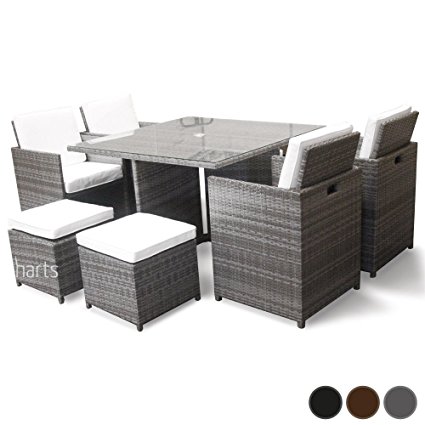 Harts Premium Rattan Dining Set, Cube 8 Seats Garden Patio Conservatory Furniture with parasol hole (Grey) inc Rain Cover