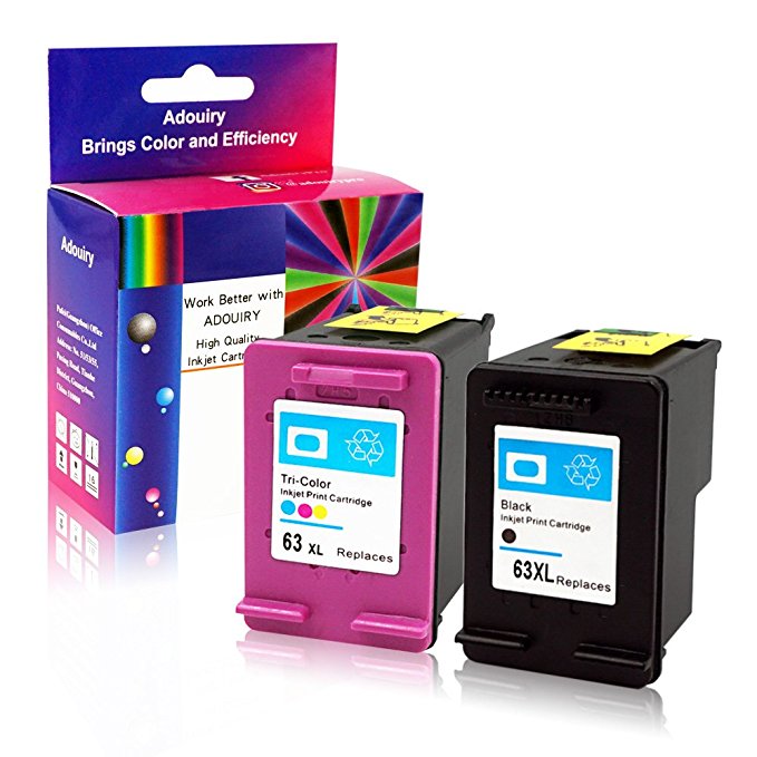 Adouiry Remanufactured for HP 63 XL Ink Cartridge High Yield 1 Black 1 Tri-color Combo Pack with Ink Level Display Compatible with Deskjet 1112 2130 3630 Officejet 3830 4650 ENVY 4520 4512