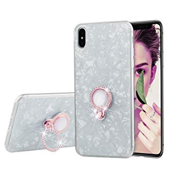 iPhone Xr Case,SQMCase Seashell Pattern Slim Fit Clear Bumper Soft TPU Protective Case with Glitter Diamond Finger Ring Stand for Apple iPhone Xr - White