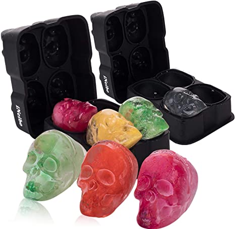 iNeibo 3D Skull Flexible Ice Mold (Pack of 2)， Easy Release Silicone Mold,8 Cute Ice Skull for Whiskey, Cocktails