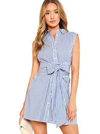 Romwe Women's Cute Striped Belted Button up Collar Summer Short Shirt Dress