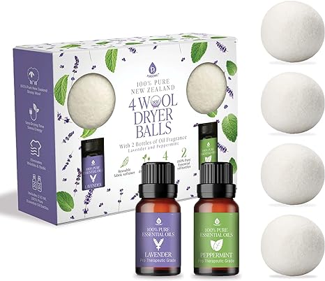 Pursonic Wool Dryer Balls Bundle - Reusable Laundry Balls Made from Pure New Zealand Wool - Natural Fabric Softener with Zero Fragrance - Includes Lavender & Peppermint Oils - 2.75" Diameter, 4-Pack