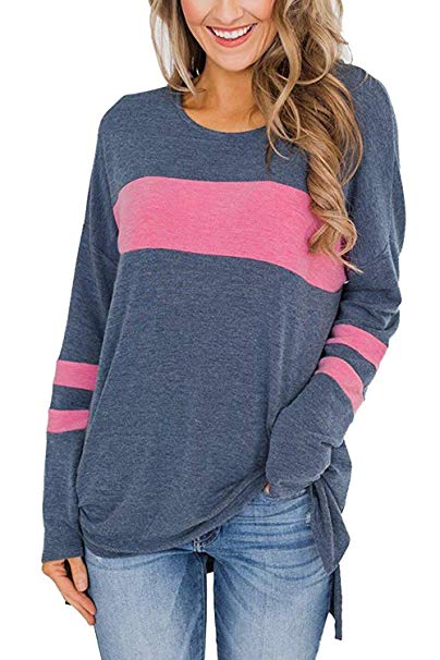Odosalii Women's Color Block Shirt Round Neck Long Sleeve Pullover Side Split Tunic Tops Casual Sweatershirt