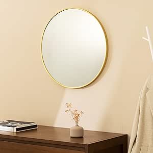 Navaris Round Mirror - 60 cm (24 inches) - Large Circle Wall Mirror for Bathroom Bed Room or Living Room - Sleek Aluminum Backed Frame - Gold