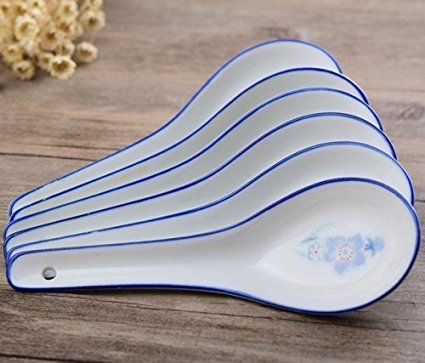 Porlien Blue Floral Porcelain Chinese Soup Spoons 5"-Set of 6-Serving Rice, Wonton, Miso Soup, Cereal for Home, Display & Holiday Gift for Family or Friends