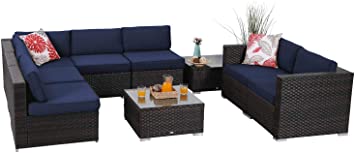 Sophia & William Outdoor Sectional Furniture 9 Piece Patio Sofa Set Low-Back Rattan Wicker Conversation Set, Navy Blue