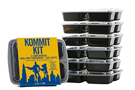 Kommit Kit Meal Prep 3 Compartment Containers - Microwave Safe, Dishwasher & Freezer Safe, BPA-Free Food Storage, Leak Resistant, Stackable, Reusable, and Portion Control (32oz - Set of 7)