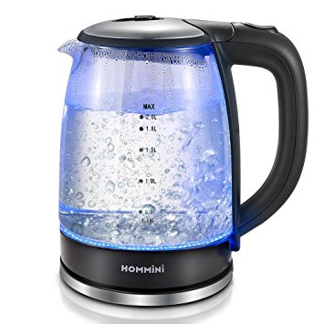 Electric Kettle,HOMMINI 2.0 Liter Fast Boiling Cordless Automatic Electric Glass Kettle with LED Blue Light,Auto Shut-Off / Boil Dry Protection/1500W/FDA Certified Water Tea Kettle
