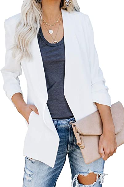 Sidefeel Women Casual Blazers Open Front 3/4 Sleeve Ruched Cardigan Work Office Suit Jacket