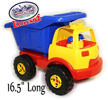 Matty's Toy Stop Large Red, Blue & Yellow Plastic Dump Truck (Measures 16.5" Long)
