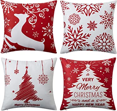 NANAN Christmas Pillow Covers 18x18 Inch Set of 4 Decorative Farmhouse Throw Pillow Covers Holiday Rustic Pillow Cases for Sofa Couch Home Decor Christmas Decorations Xmas Cushion Covers