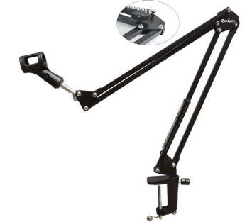 Racksoy Professional Adjustable Microphone Fold Mic Suspension Boom Scissor Arm Stand Holder with Mic Clip Mounting on Desk or Table Top for Studio Program record Broadcasting TV Station Solo Artist Black